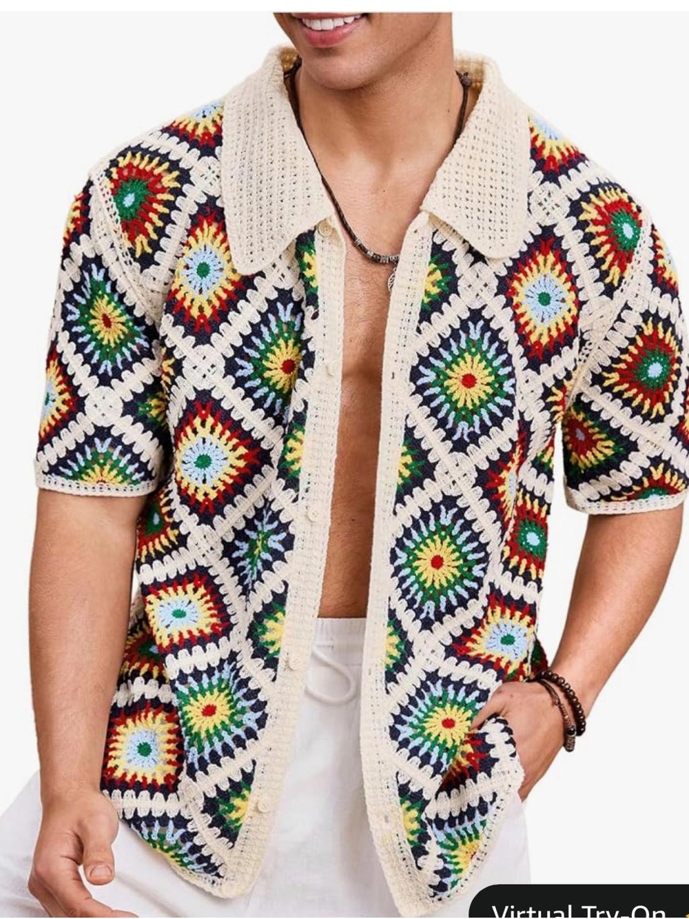 Men's Multicolor Crochet Short-Sleeve Button-Down Shirt with Cream Trim